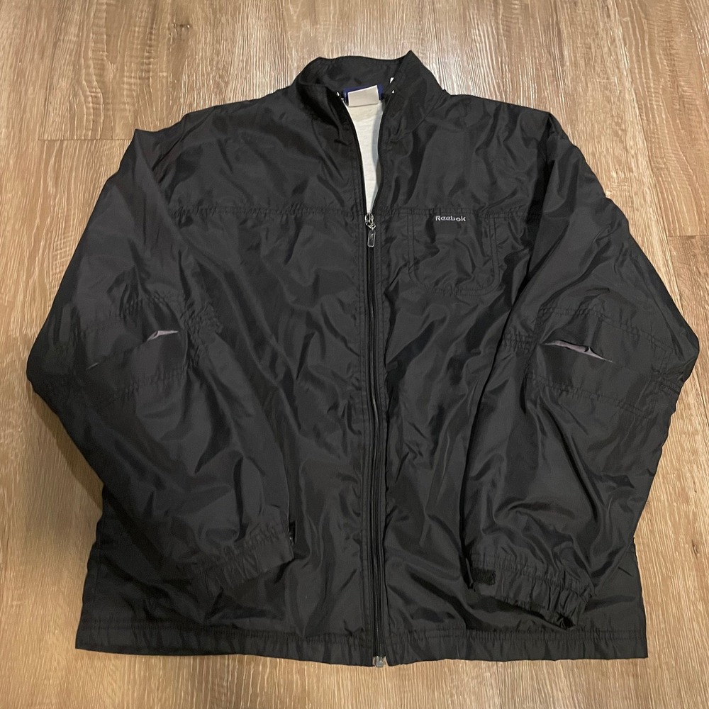 Reebok Mens Windbreaker Jacket Large Black Nylon Full Zip All Purpose Sports